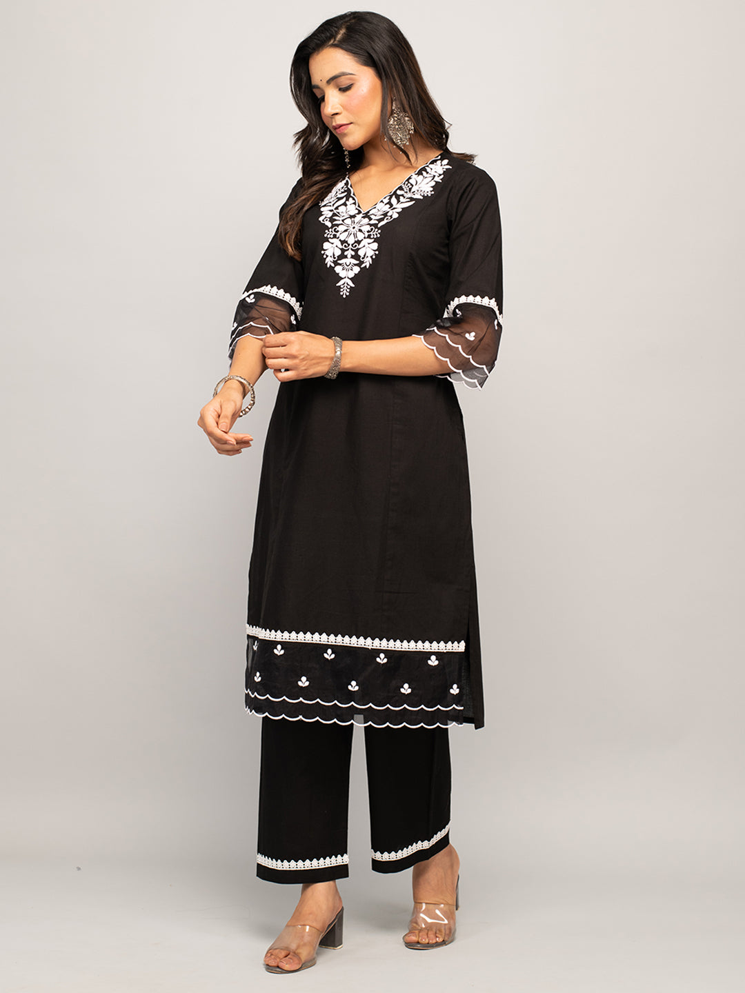 FIORRA Women's Black Cotton Floral Embroidery Straight Kurta with Palazzo