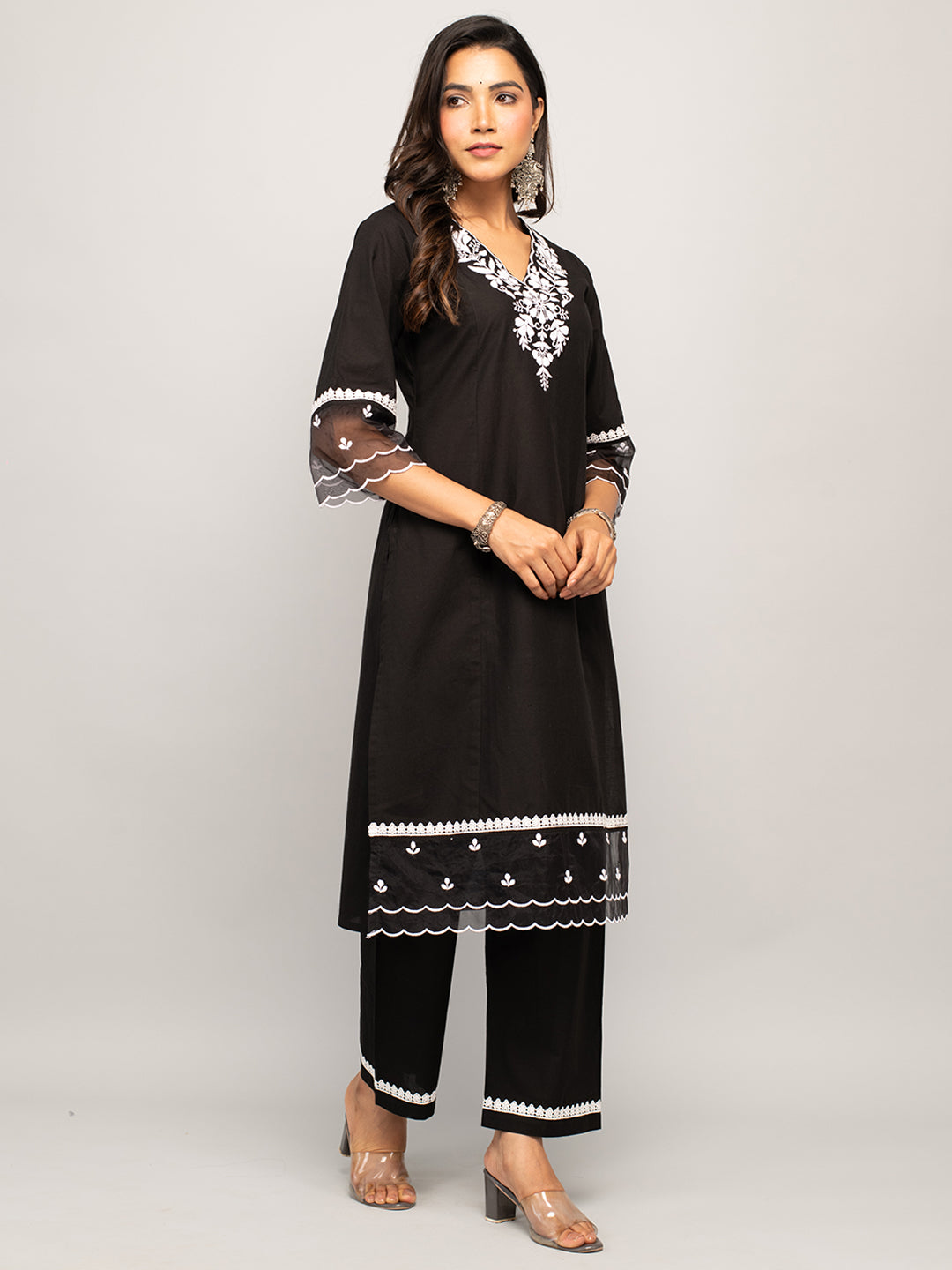 FIORRA Women's Black Cotton Floral Embroidery Straight Kurta with Palazzo