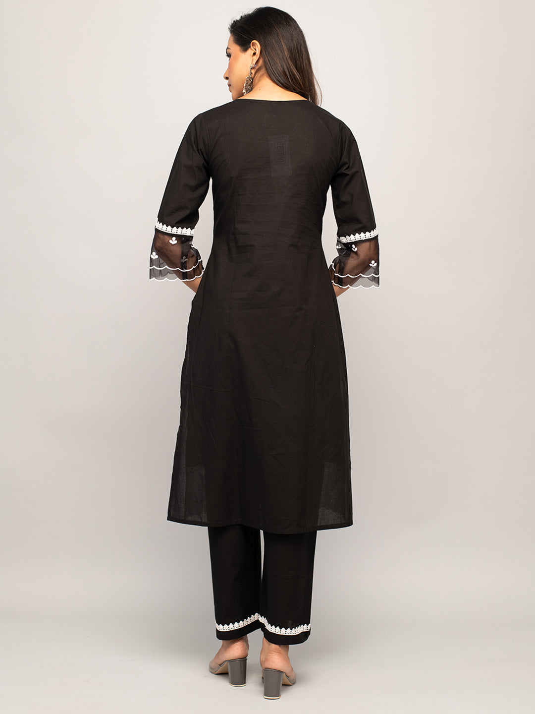 FIORRA Women's Black Cotton Floral Embroidery Straight Kurta with Palazzo