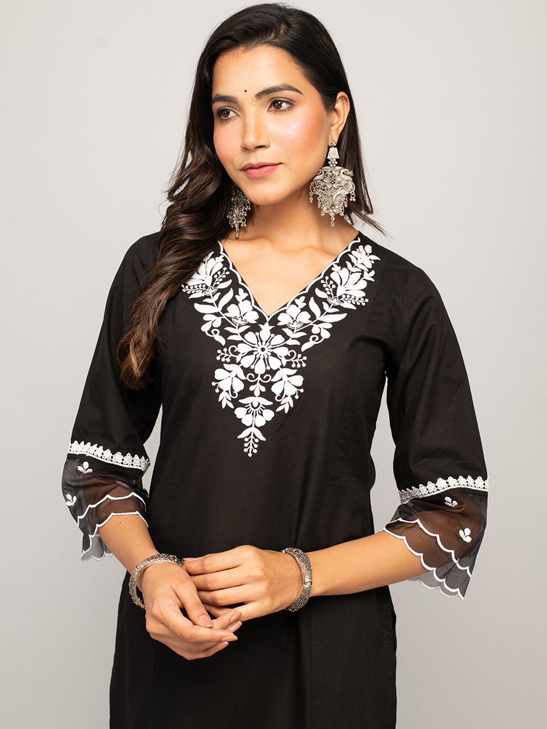 FIORRA Women's Black Cotton Floral Embroidery Straight Kurta with Palazzo