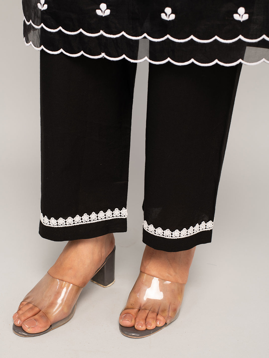 FIORRA Women's Black Cotton Floral Embroidery Straight Kurta with Palazzo