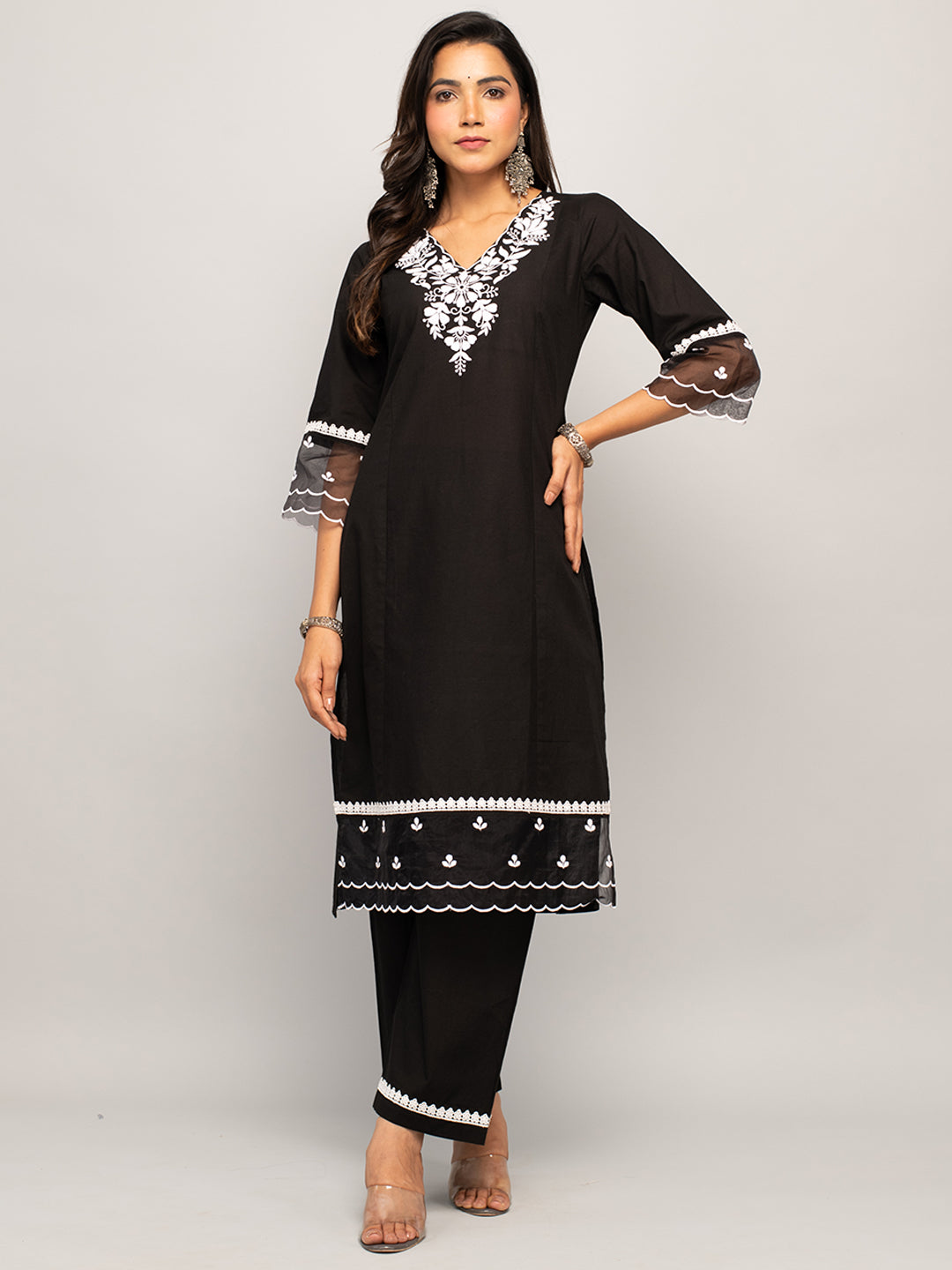 FIORRA Women's Black Cotton Floral Embroidery Straight Kurta with Palazzo