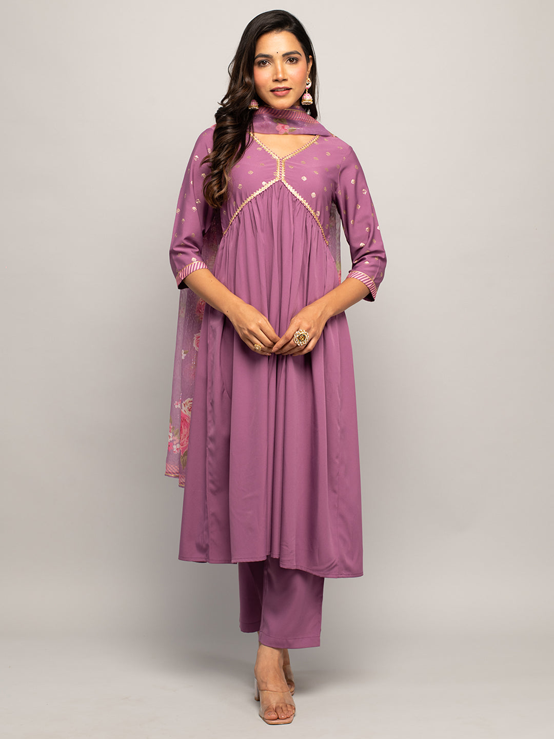 FIORRA Women's Lavender Crepe A-line Kurta With Pant And Dupatta