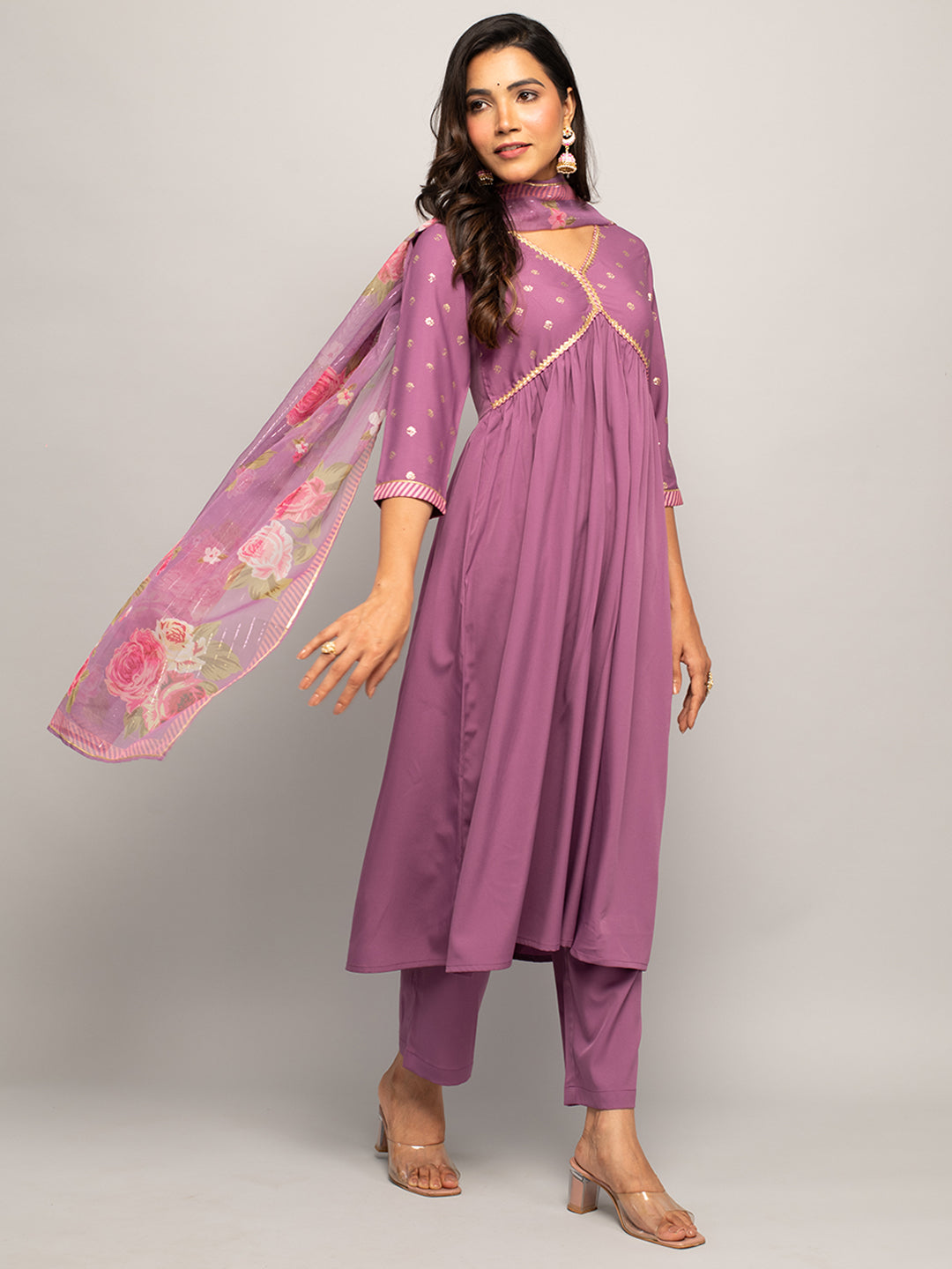 FIORRA Women's Lavender Crepe A-line Kurta With Pant And Dupatta