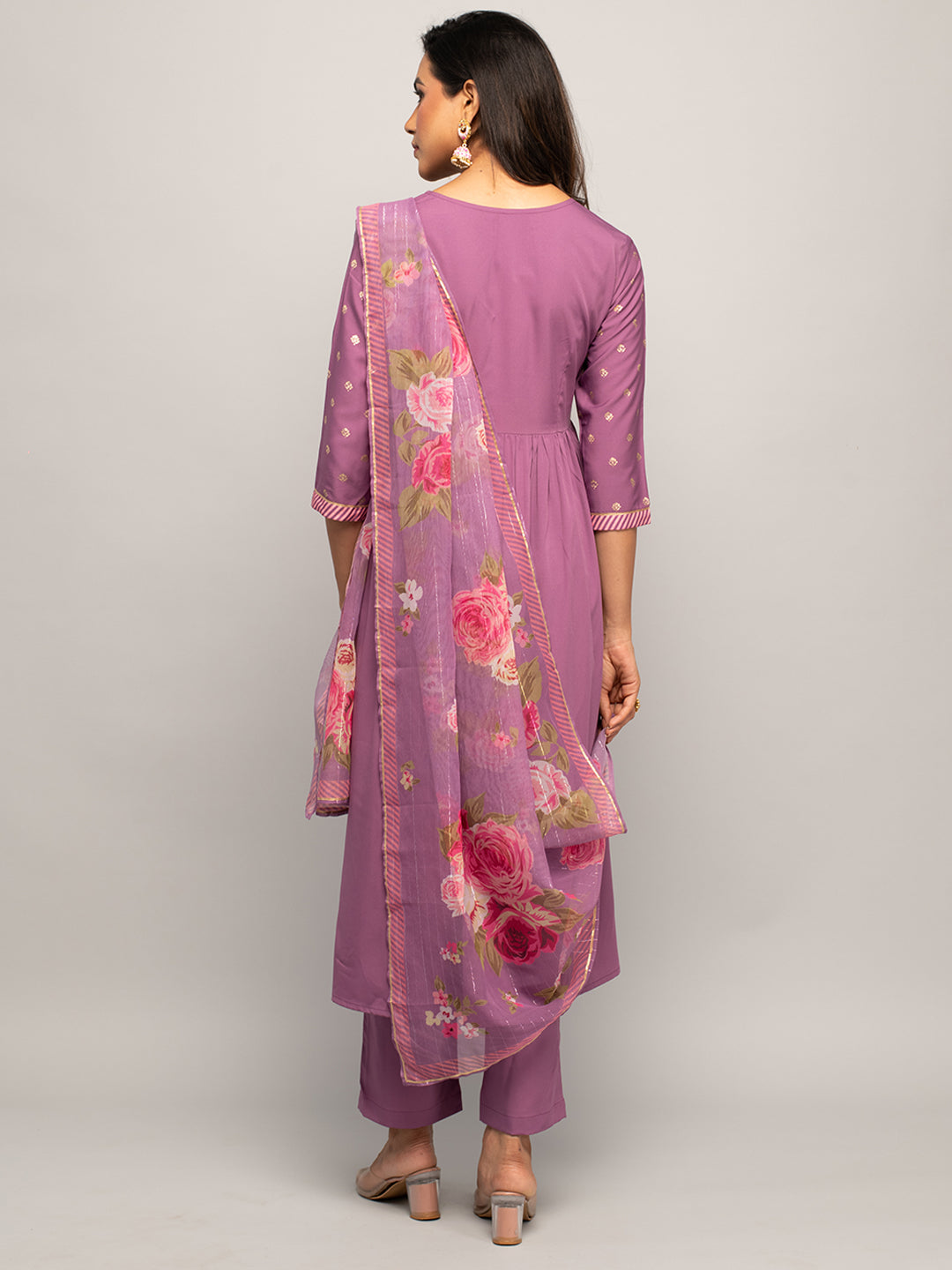 FIORRA Women's Lavender Crepe A-line Kurta With Pant And Dupatta