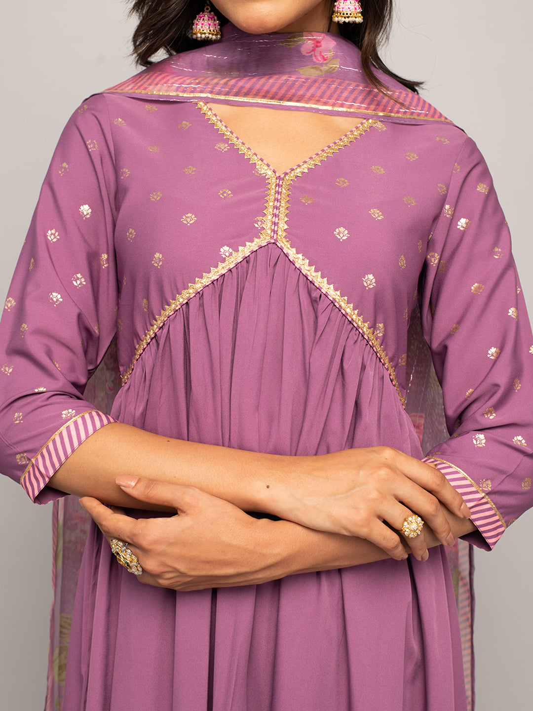 FIORRA Women's Lavender Crepe A-line Kurta With Pant And Dupatta