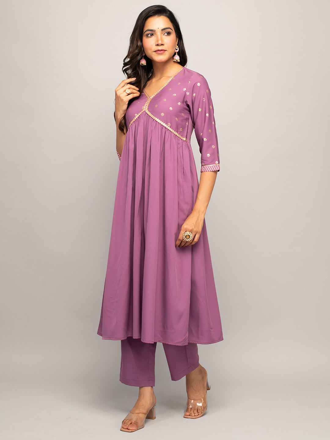 FIORRA Women's Lavender Crepe A-line Kurta With Pant And Dupatta