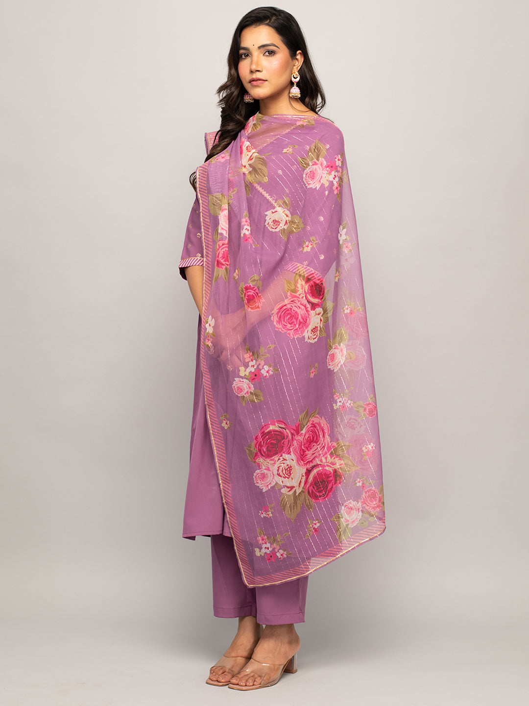 FIORRA Women's Lavender Crepe A-line Kurta With Pant And Dupatta