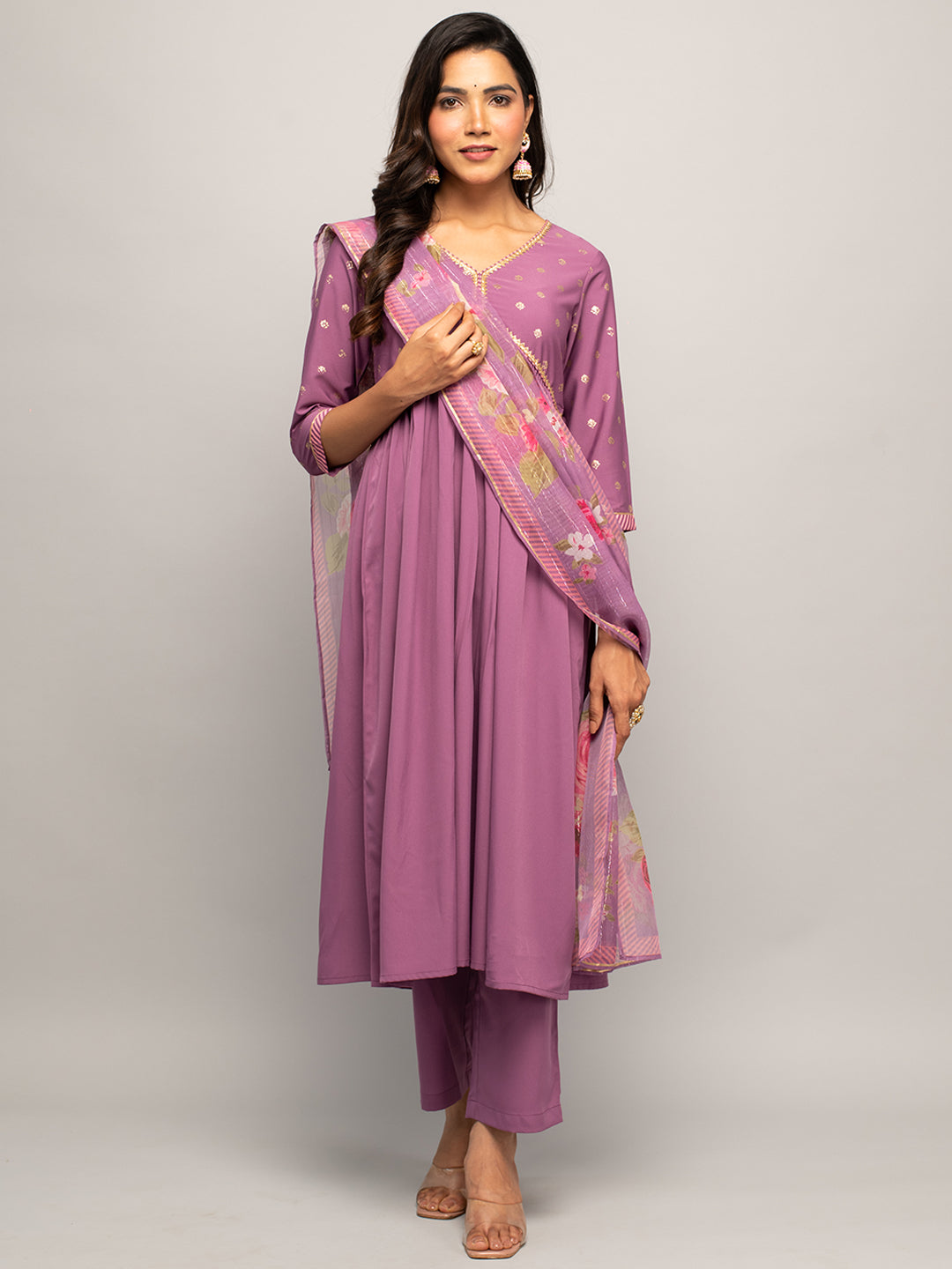 FIORRA Women's Lavender Crepe A-line Kurta With Pant And Dupatta