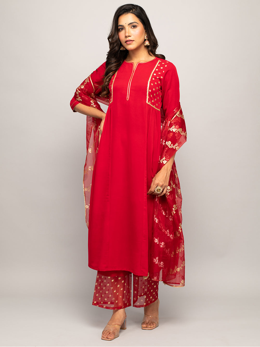 FIORRA Women's Red Crepe A-line Kurta with Palazzo And Dupatta