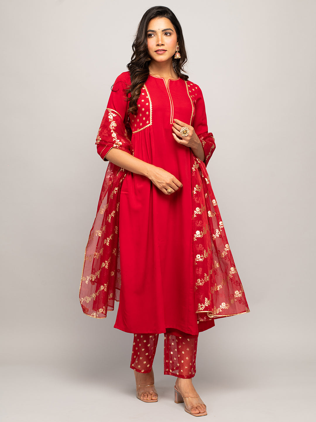 FIORRA Women's Red Crepe A-line Kurta with Palazzo And Dupatta
