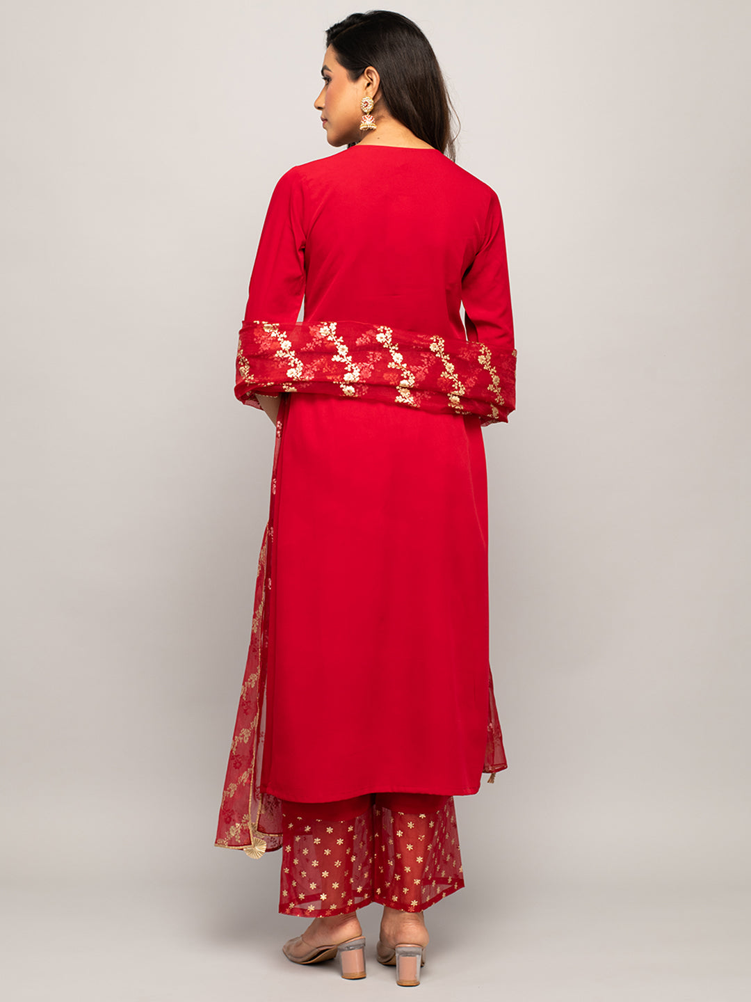 FIORRA Women's Red Crepe A-line Kurta with Palazzo And Dupatta