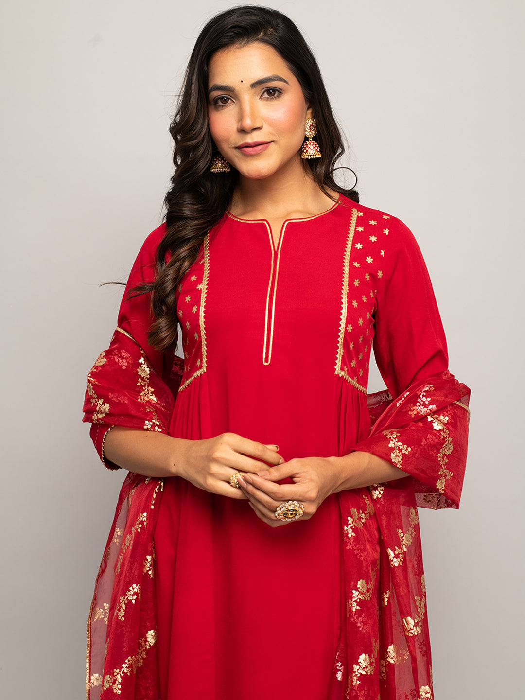 FIORRA Women's Red Crepe A-line Kurta with Palazzo And Dupatta