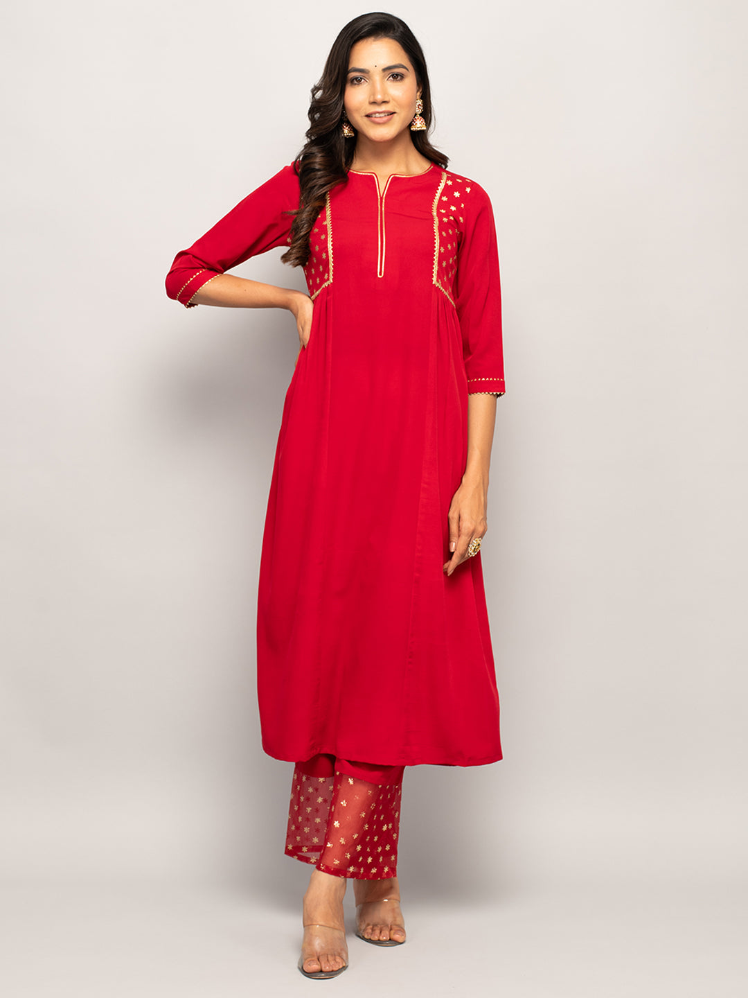 FIORRA Women's Red Crepe A-line Kurta with Palazzo And Dupatta