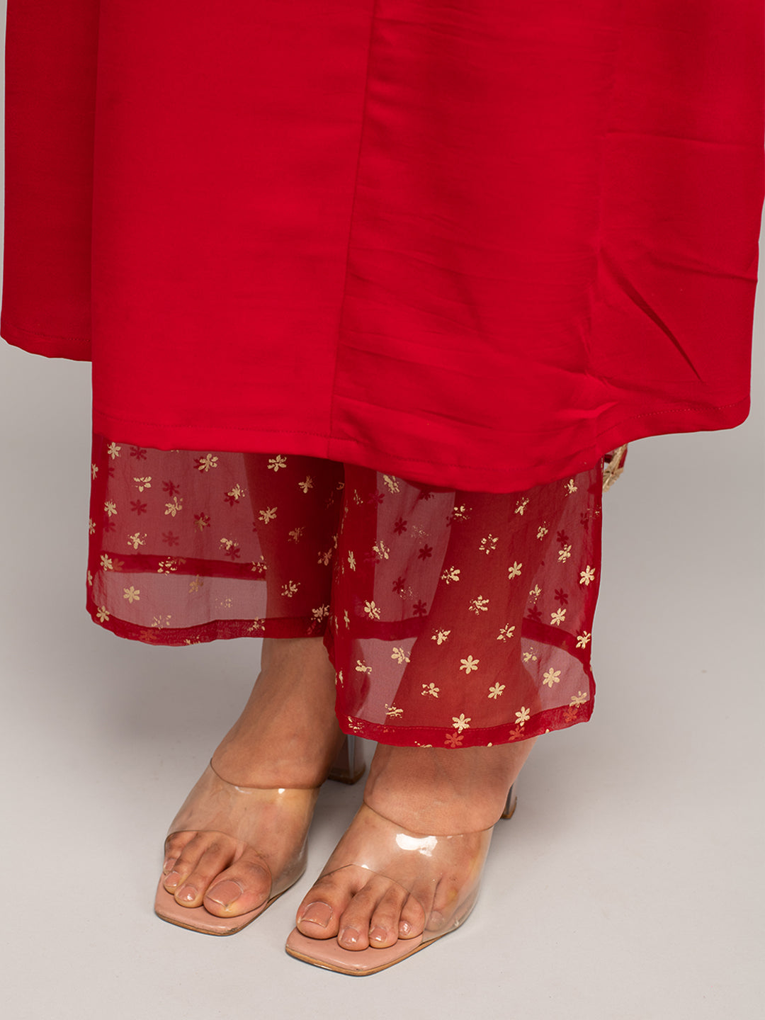 FIORRA Women's Red Crepe A-line Kurta with Palazzo And Dupatta