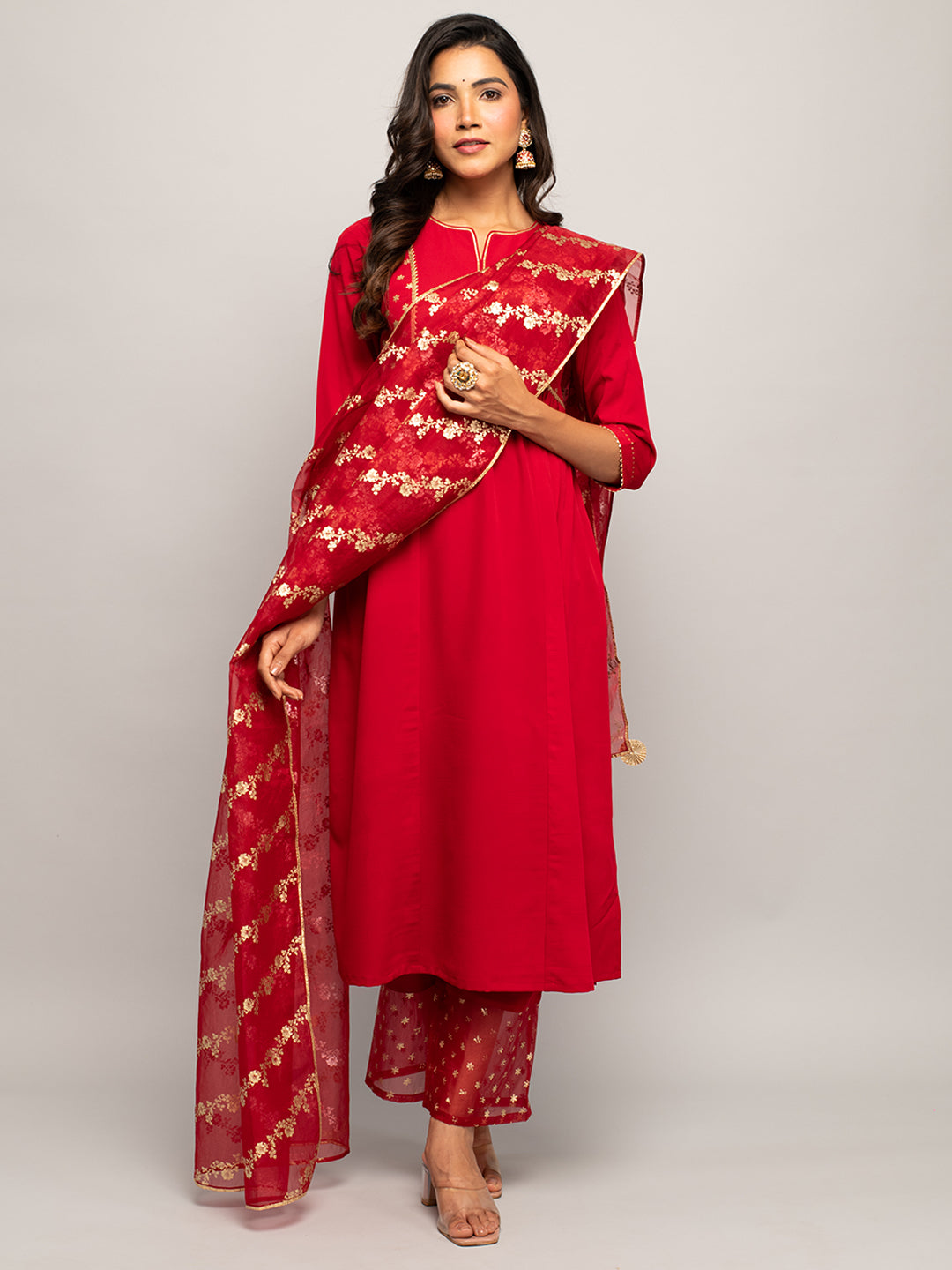 FIORRA Women's Red Crepe A-line Kurta with Palazzo And Dupatta