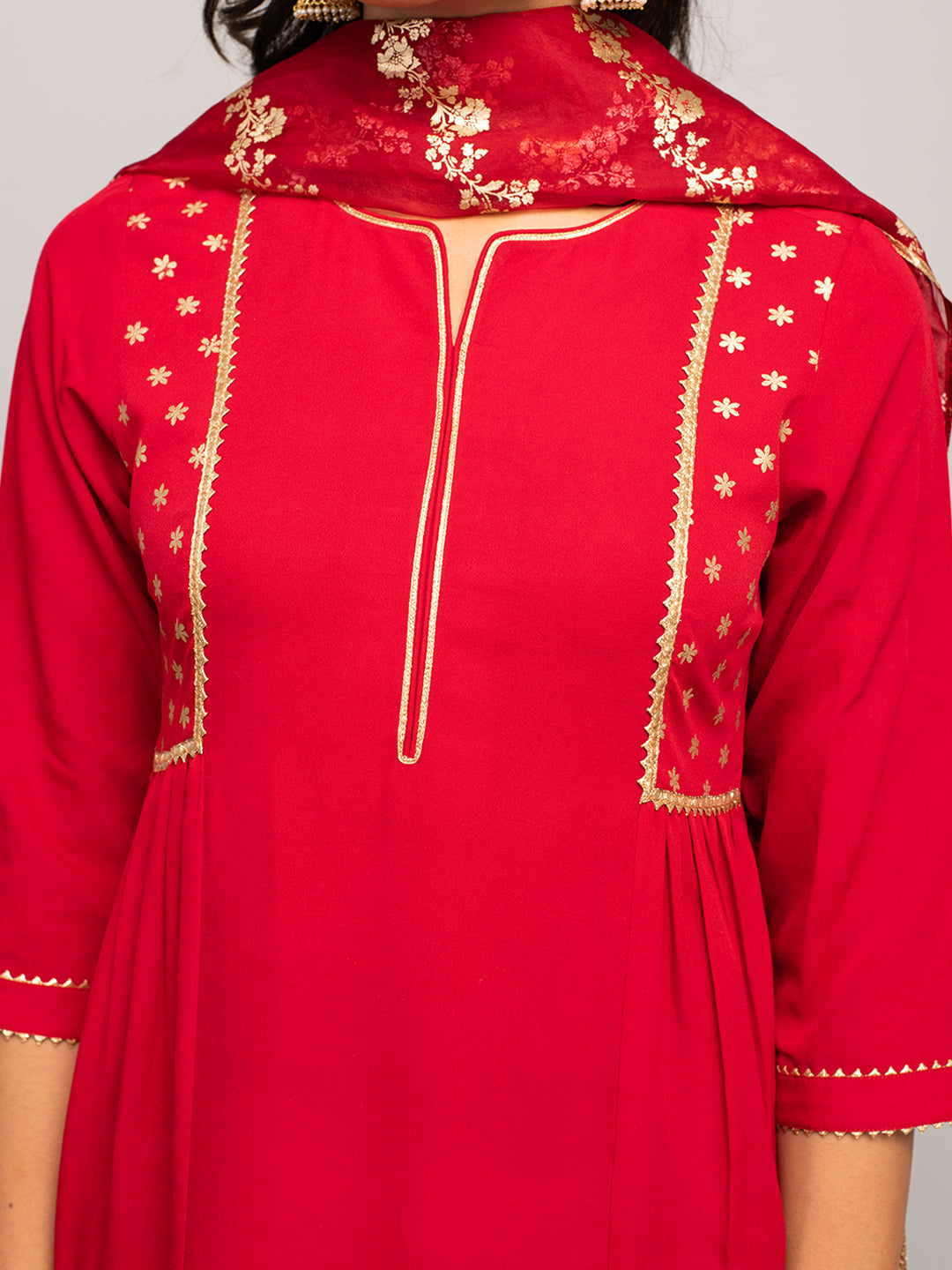 FIORRA Women's Red Crepe A-line Kurta with Palazzo And Dupatta