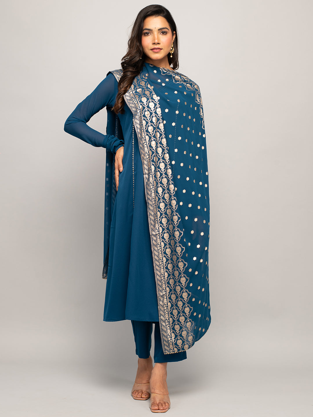 FIORRA Women's Teal Blue Crepe A-line Kurta with Pant and Dupatta