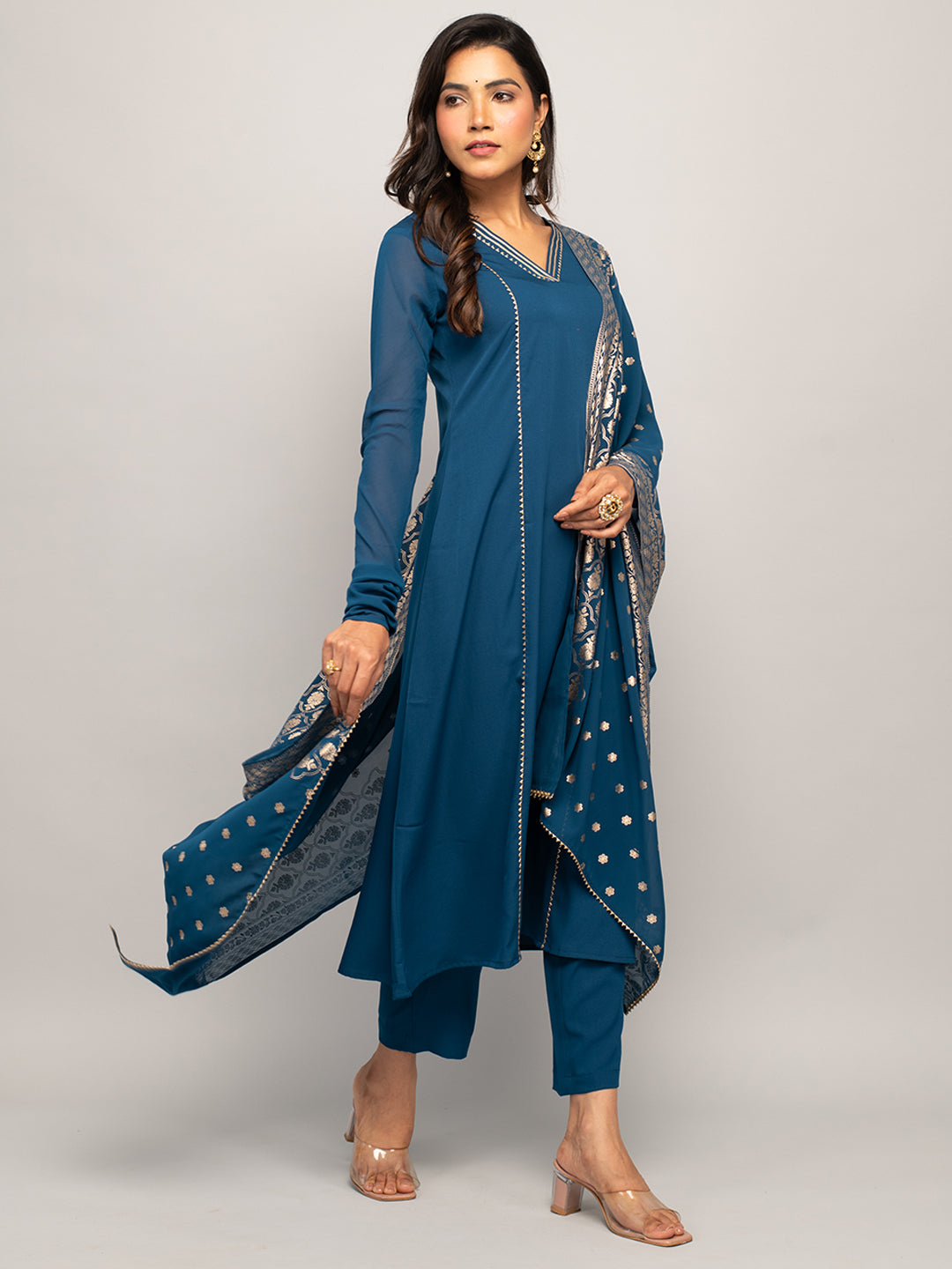 FIORRA Women's Teal Blue Crepe A-line Kurta with Pant and Dupatta