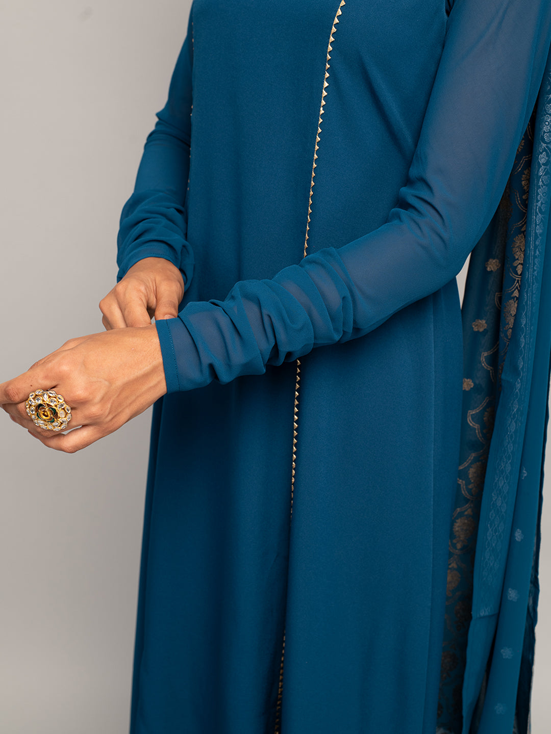 FIORRA Women's Teal Blue Crepe A-line Kurta with Pant and Dupatta