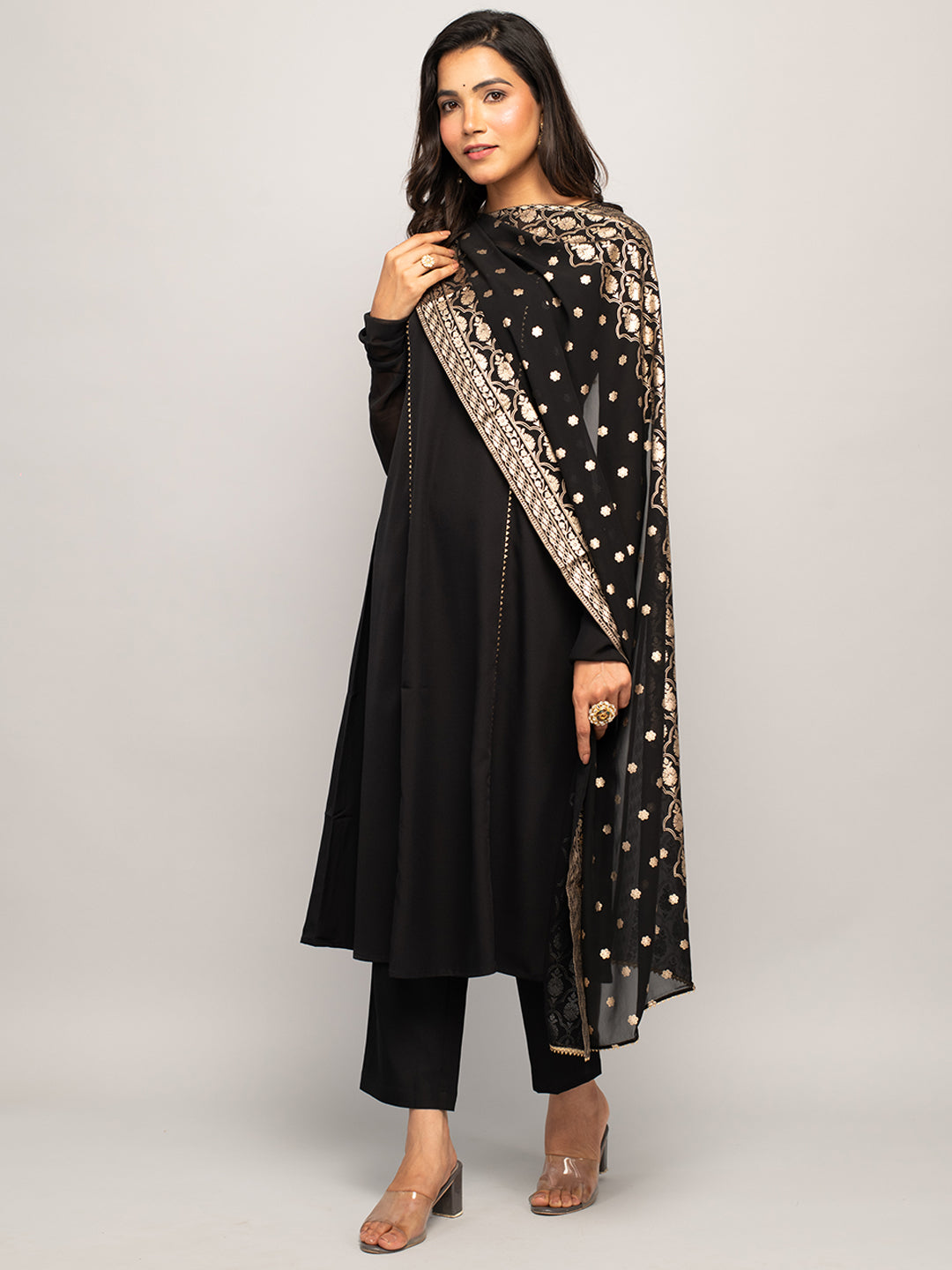 FIORRA Women's Balck Crepe A-line Kurta with Pant and Dupatta