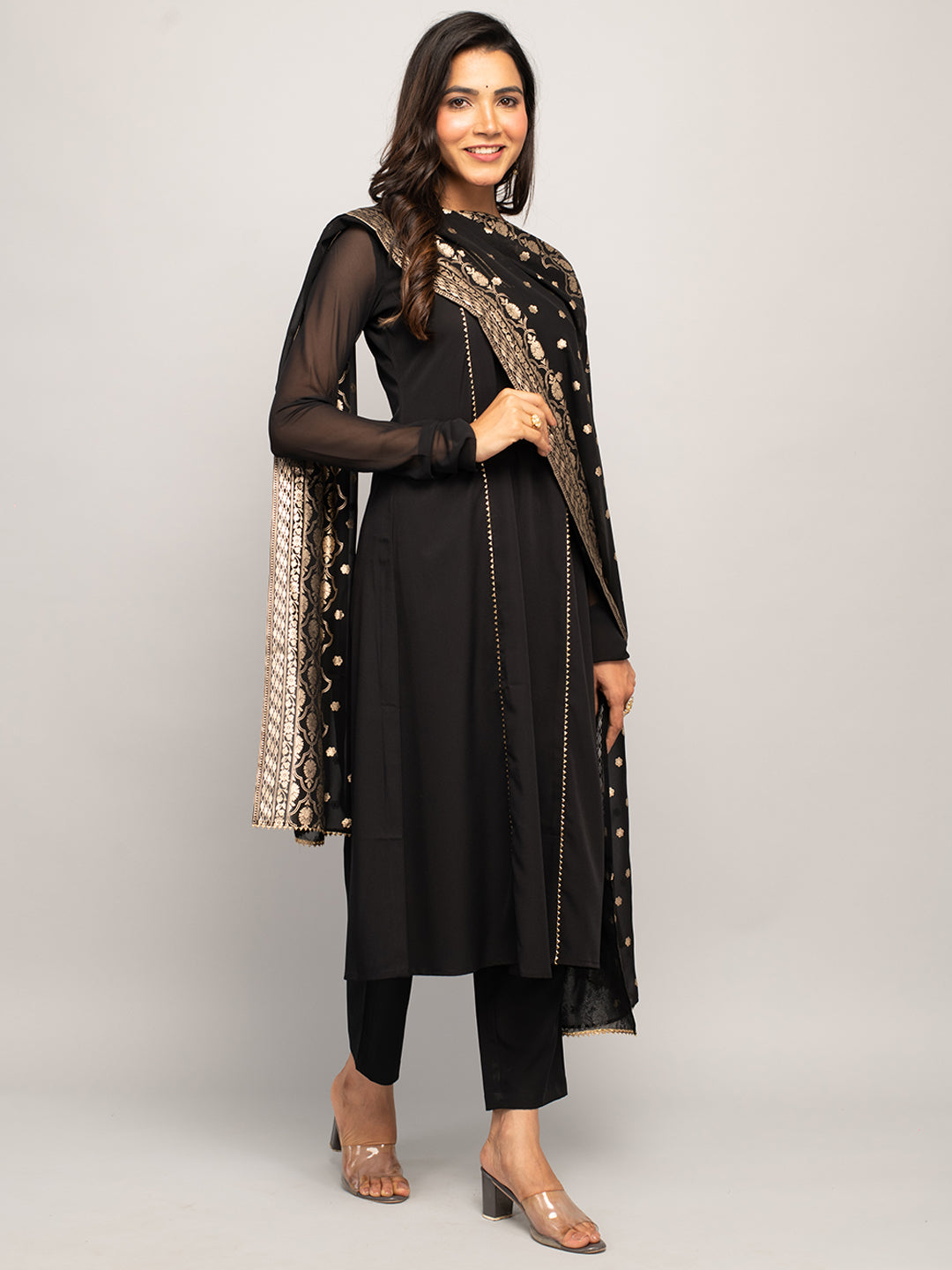 FIORRA Women's Balck Crepe A-line Kurta with Pant and Dupatta