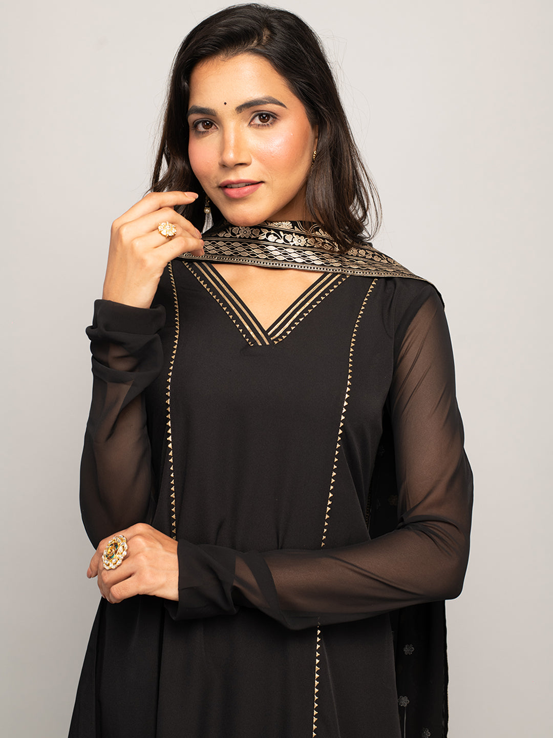 FIORRA Women's Balck Crepe A-line Kurta with Pant and Dupatta