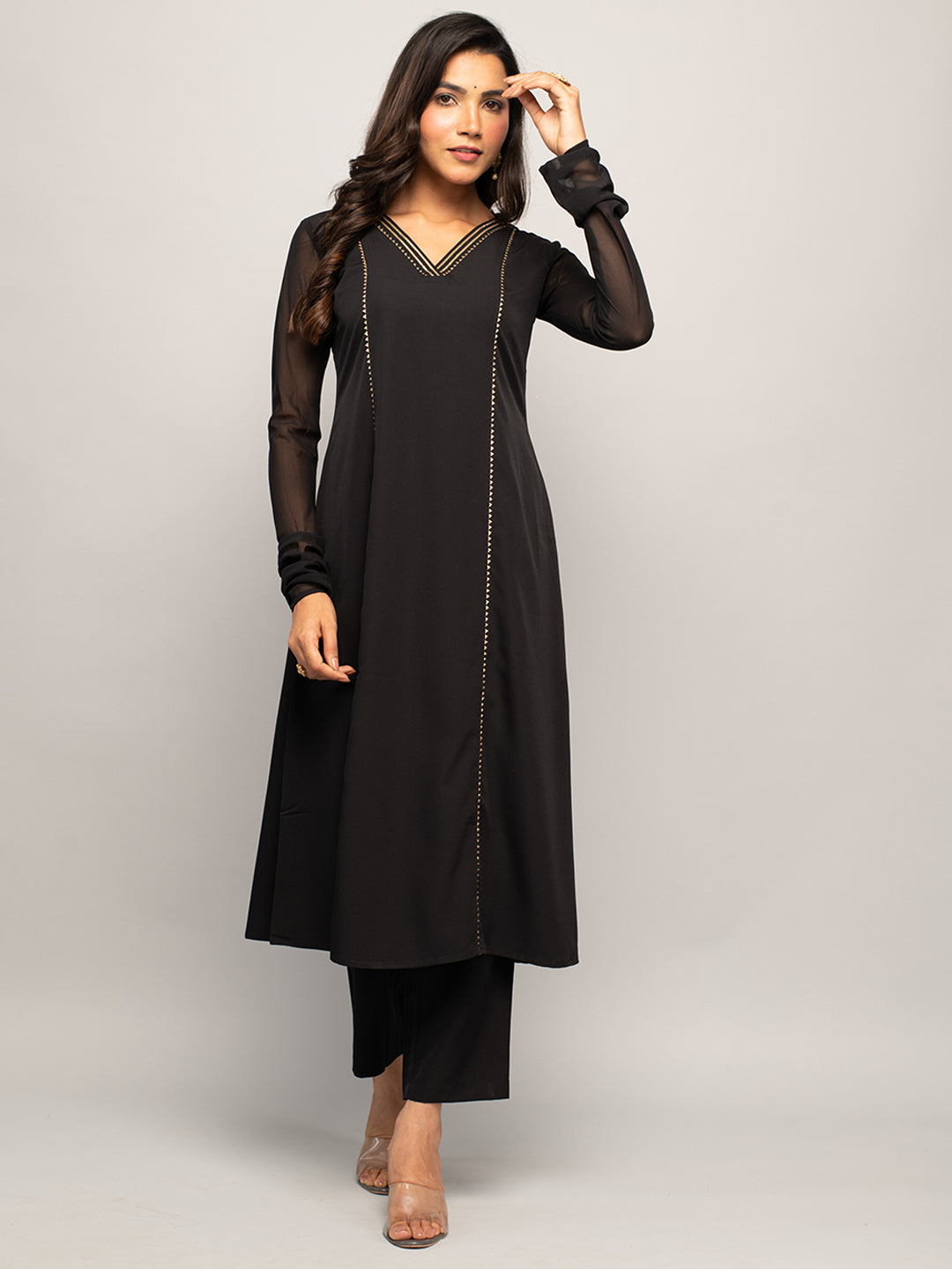 FIORRA Women's Balck Crepe A-line Kurta with Pant and Dupatta