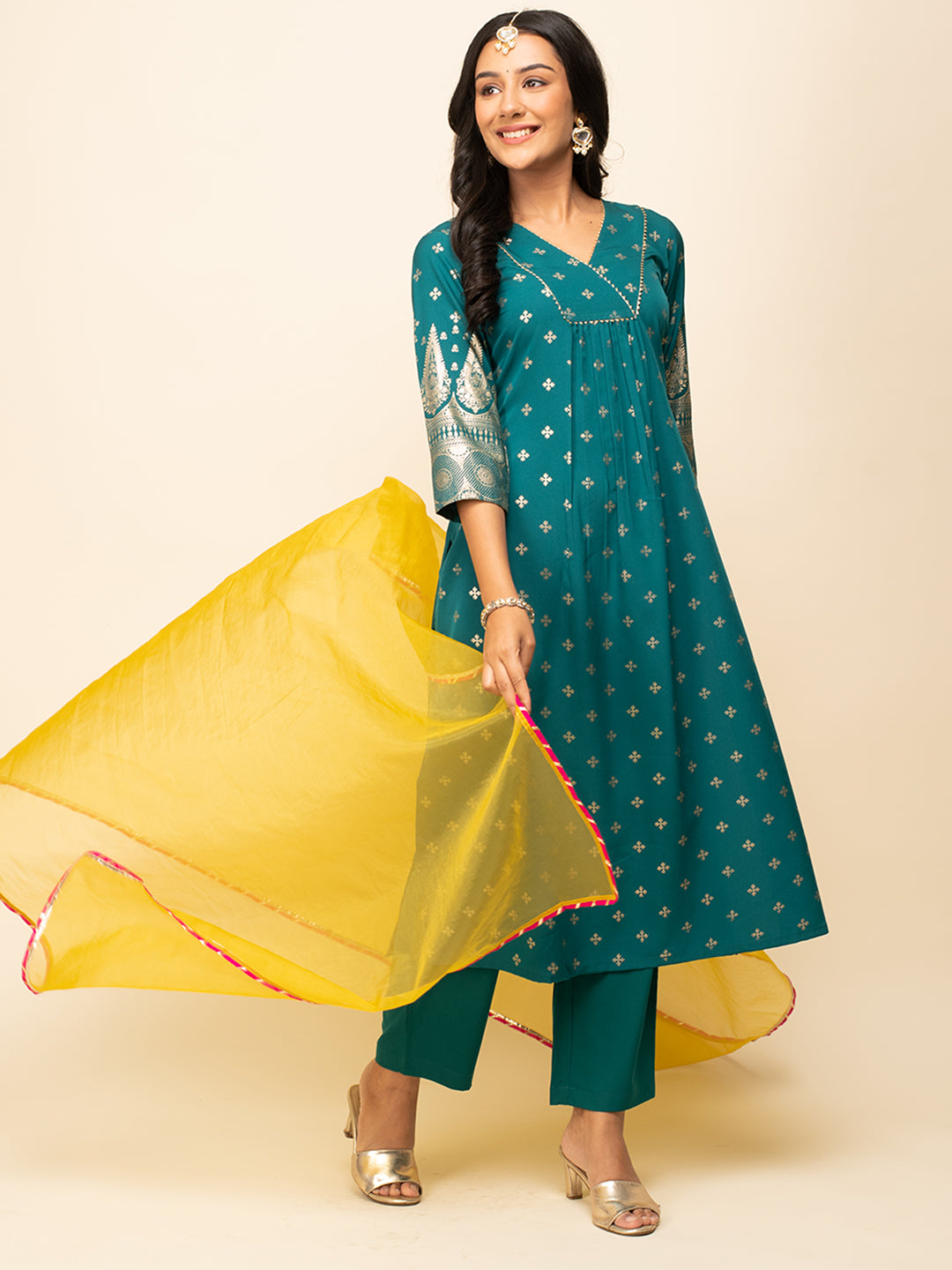 FIORRA Women's Teal Blue Crepe A-Line Kurta Pant with dupatta