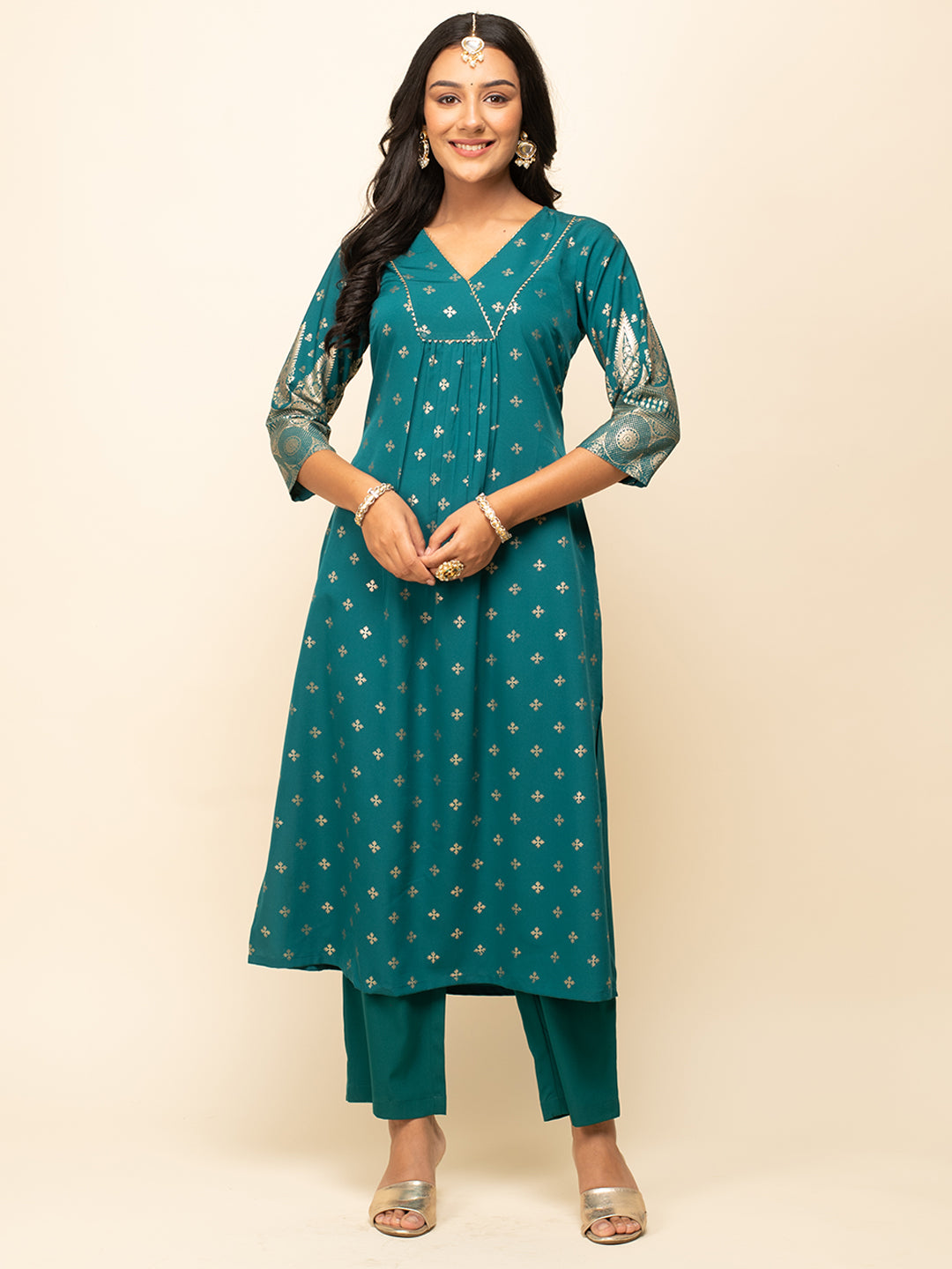 FIORRA Women's Teal Blue Crepe A-Line Kurta Pant with dupatta