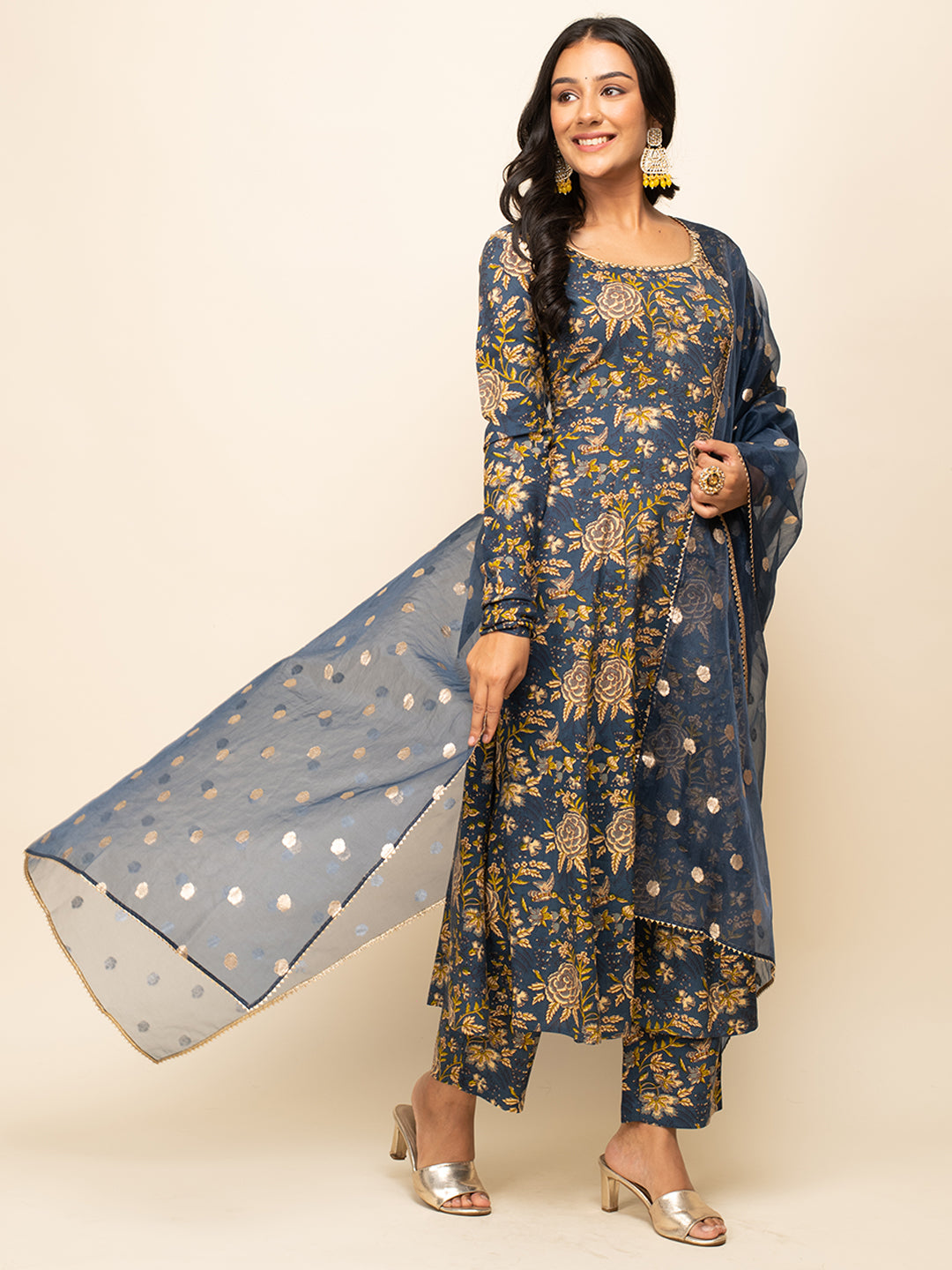 FIORRA Women's Navy Blue Cotton A-line Kurta with Pant and Dupatta