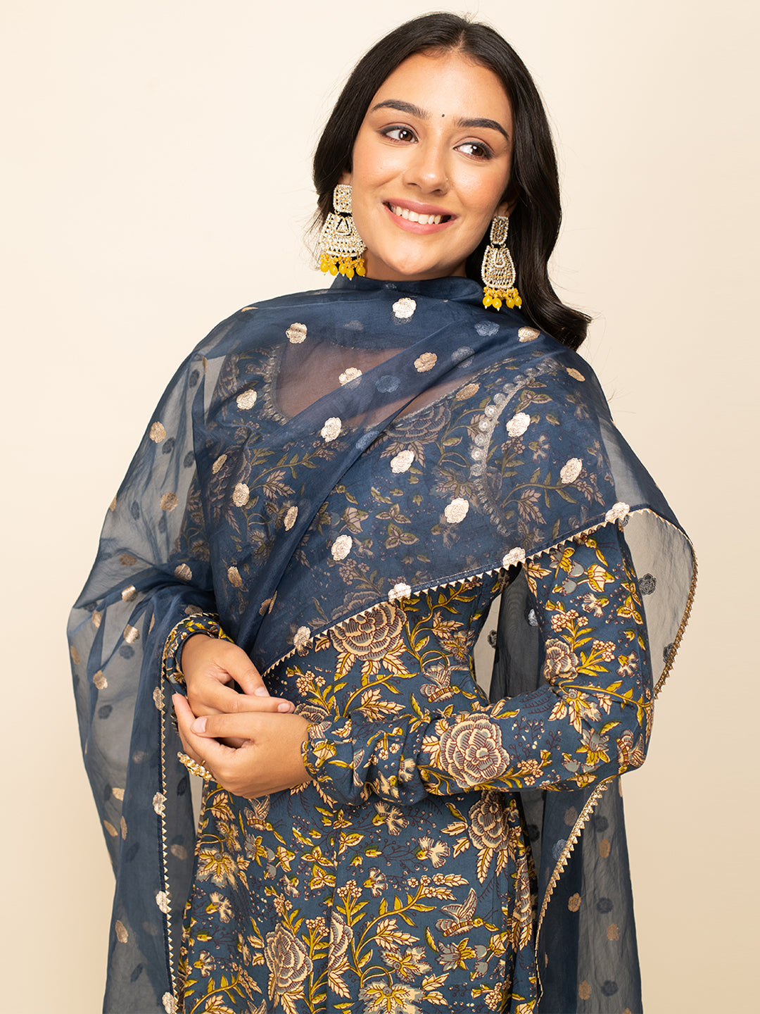 FIORRA Women's Navy Blue Cotton A-line Kurta with Pant and Dupatta