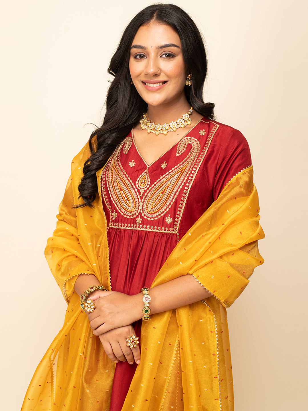 FIORRA Women's Red Silk Blend A-Line Kurta With Palazzo And Dupatta