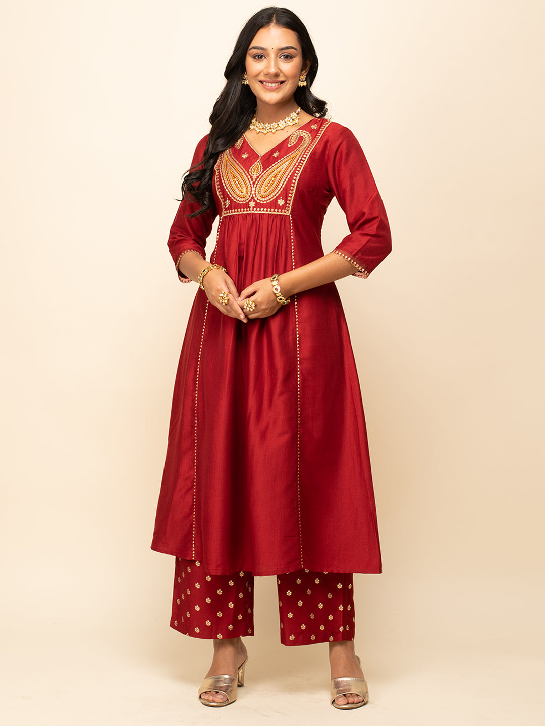 FIORRA Women's Red Silk Blend A-Line Kurta With Palazzo And Dupatta