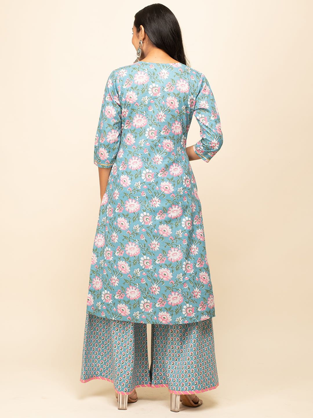 FIORRA Women's Sky Blue Cotton Straight Kurta with Palazzo And Dupatta