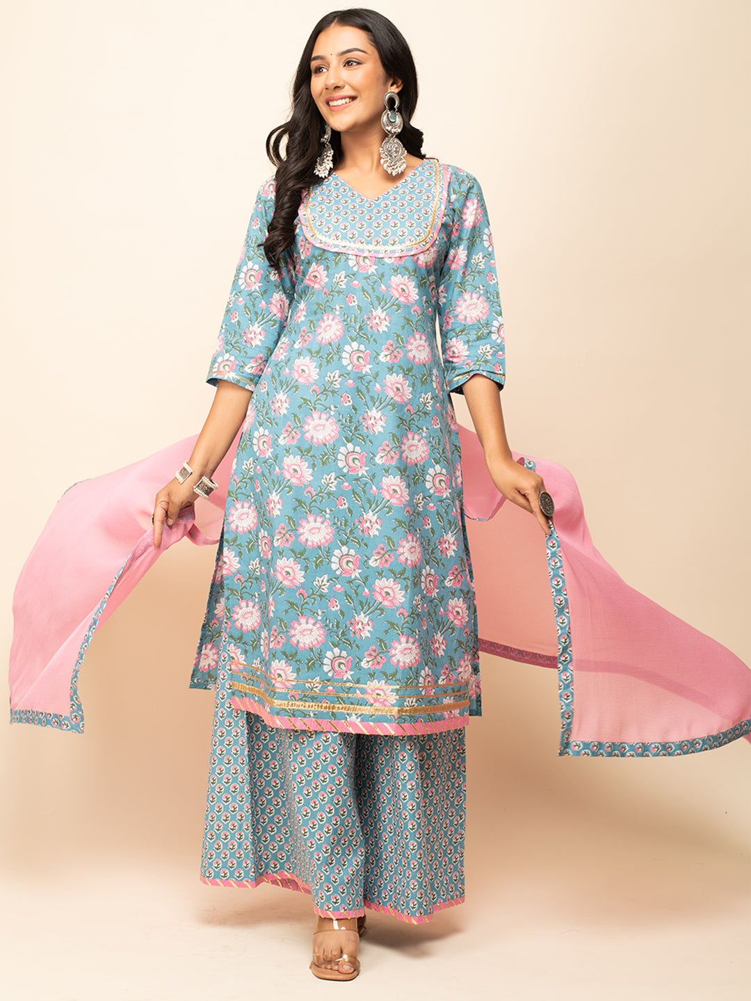 FIORRA Women's Sky Blue Cotton Straight Kurta with Palazzo And Dupatta