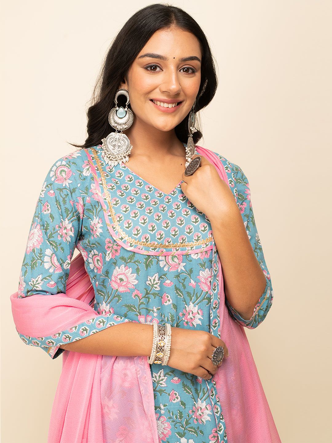 FIORRA Women's Sky Blue Cotton Straight Kurta with Palazzo And Dupatta