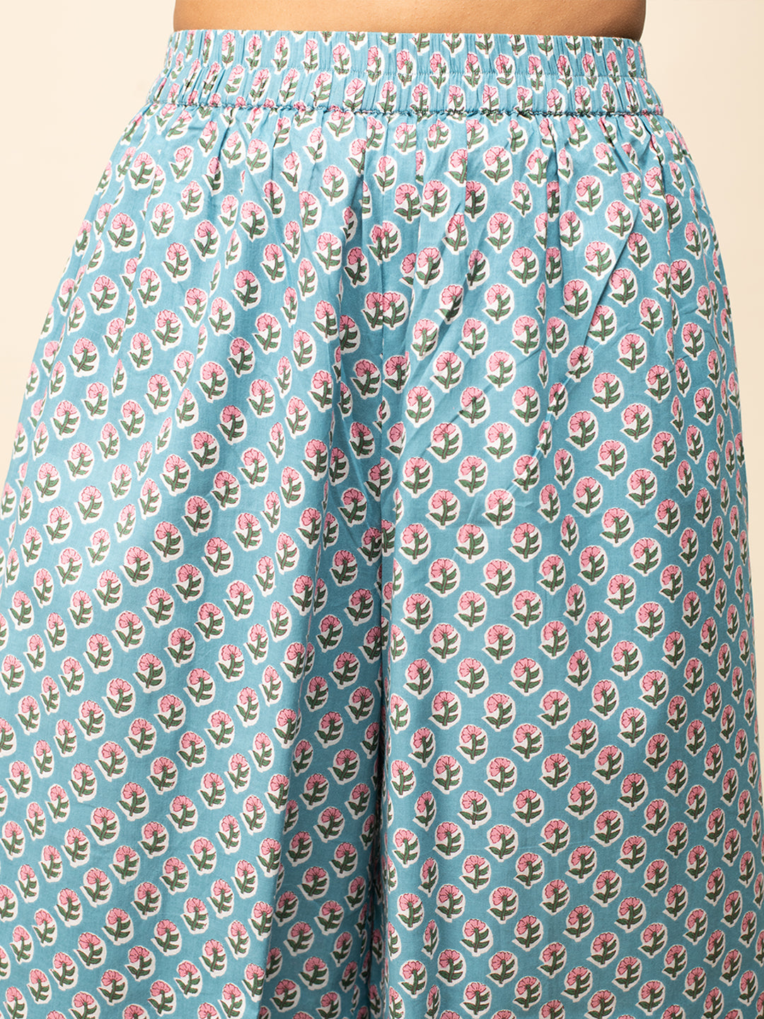 FIORRA Women's Sky Blue Cotton Straight Kurta with Palazzo And Dupatta