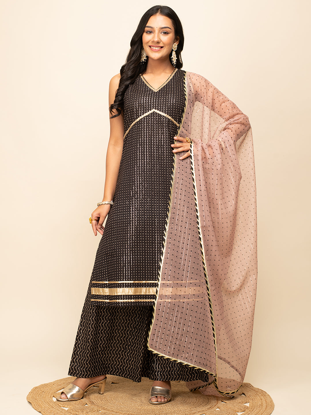 FIORRA Women's Black Lurex Cotton Straight Kurta With Palazzo And Dupatta