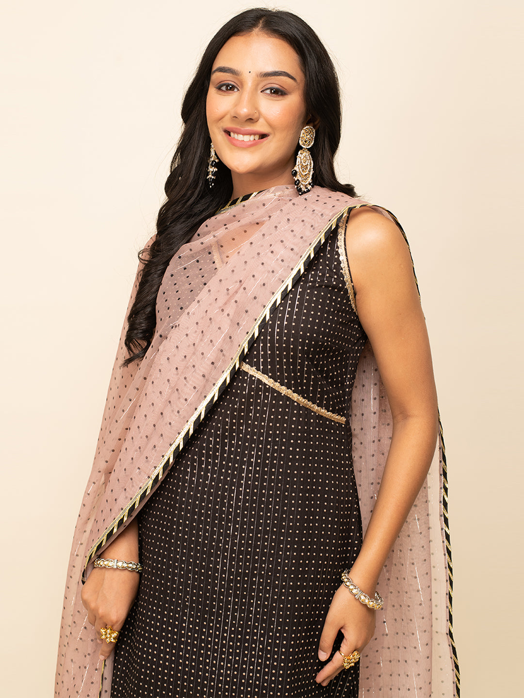 FIORRA Women's Black Lurex Cotton Straight Kurta With Palazzo And Dupatta