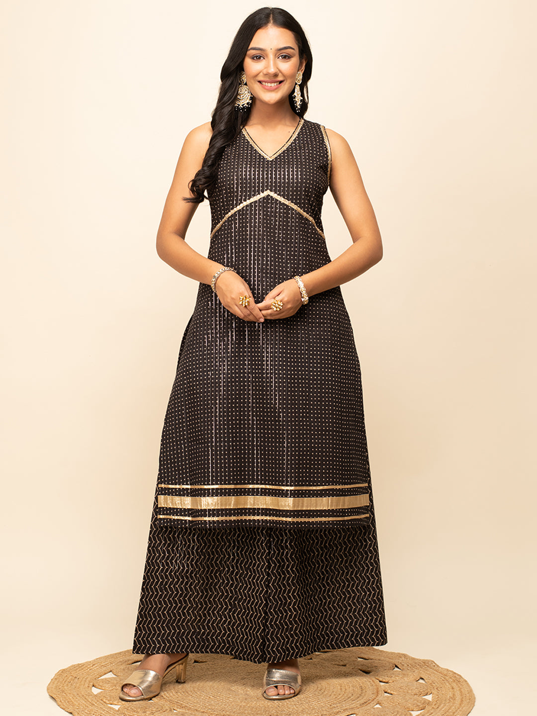 FIORRA Women's Black Lurex Cotton Straight Kurta With Palazzo And Dupatta