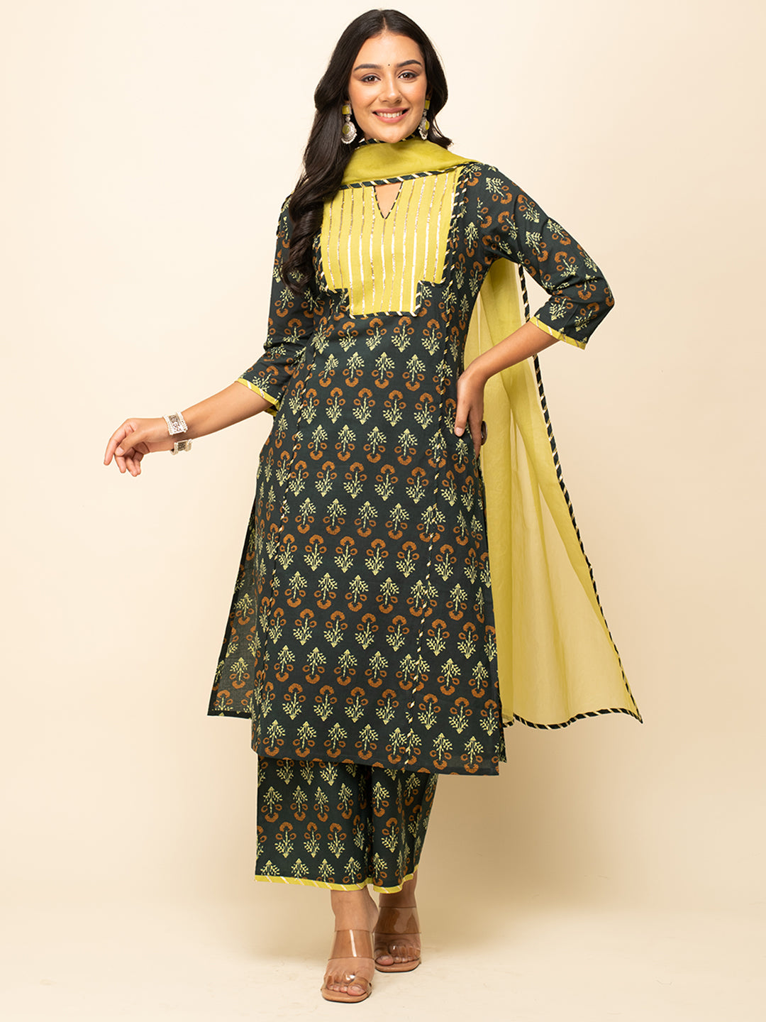 FIORRA Women's Green Cotton Straight Kurta With Palazzo And Dupatta
