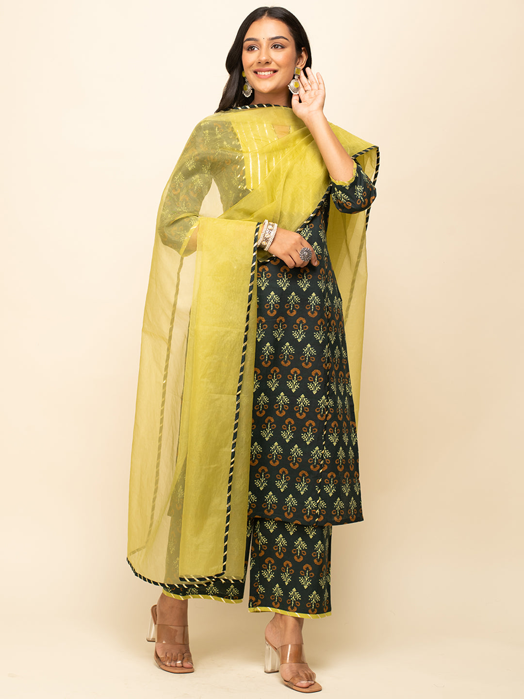 FIORRA Women's Green Cotton Straight Kurta With Palazzo And Dupatta