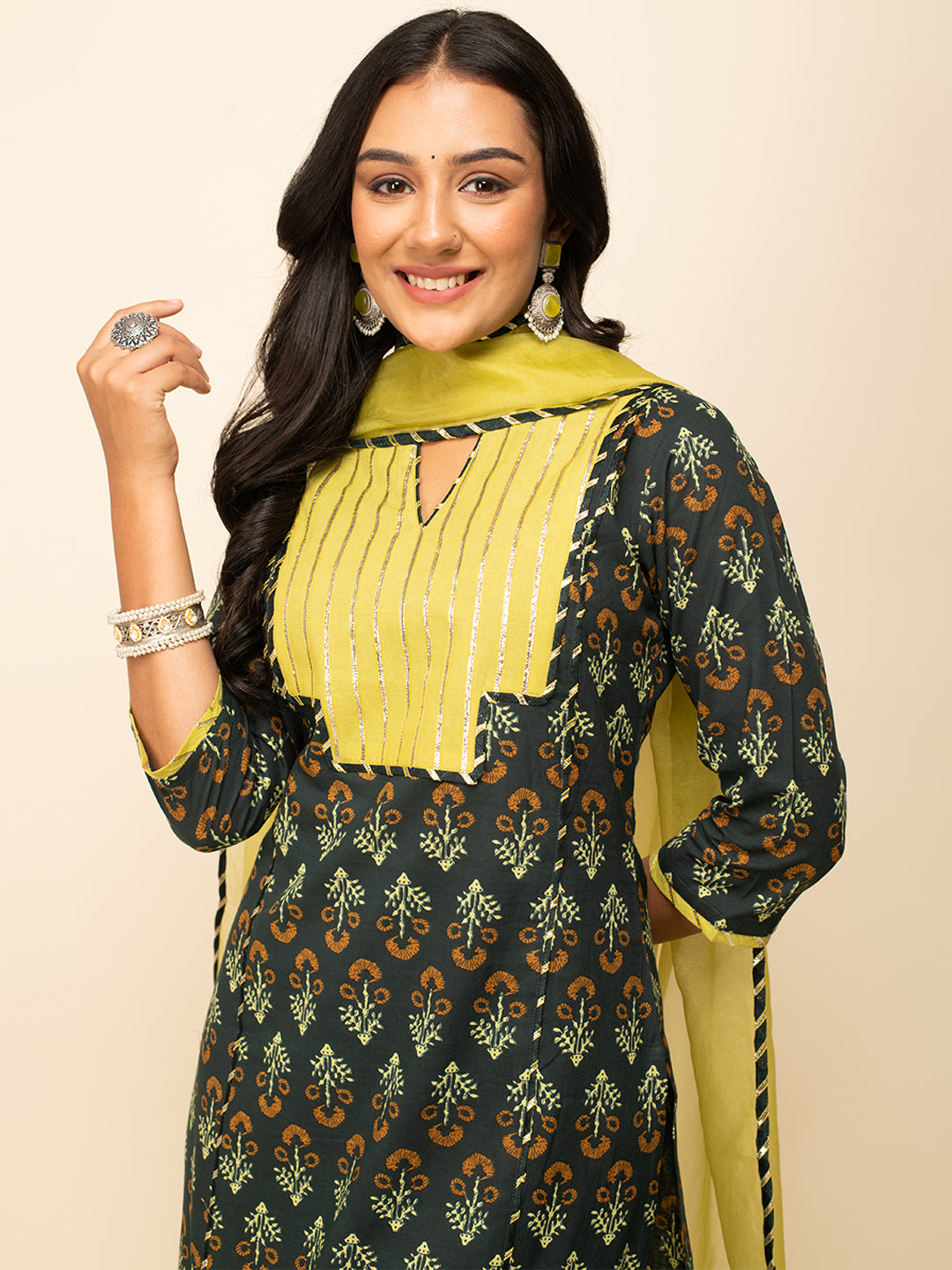 FIORRA Women's Green Cotton Straight Kurta With Palazzo And Dupatta