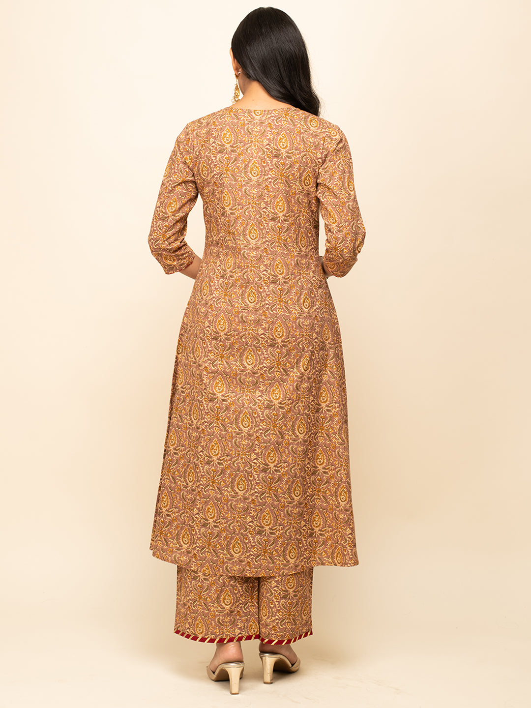 FIORRA Women's Brown Cotton A-line Kurta with Pant and Dupatta