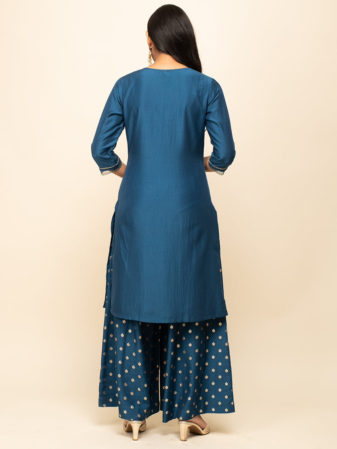 FIORRA Women's Teal Blue Silk Blend Straight Kurta With Palazzo And Dupatta