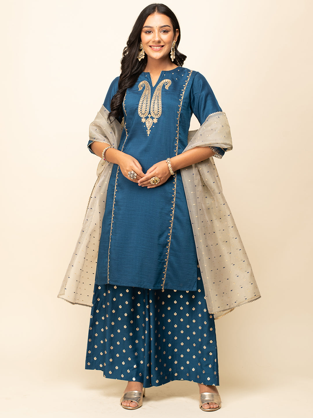 FIORRA Women's Teal Blue Silk Blend Straight Kurta With Palazzo And Dupatta