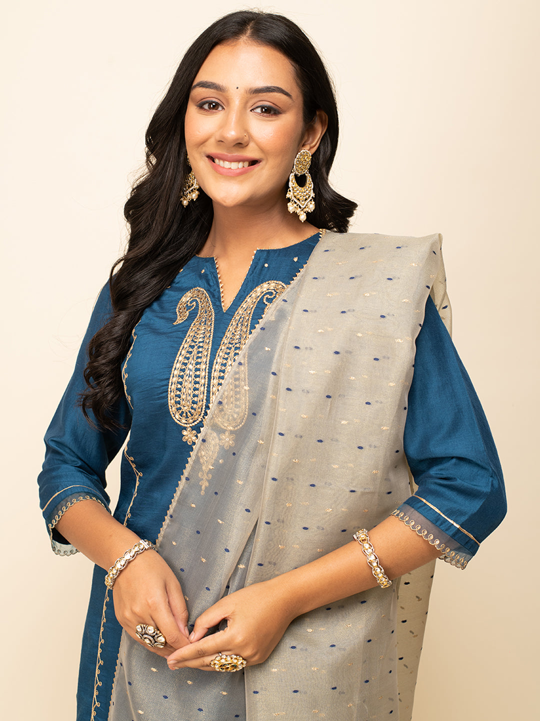 FIORRA Women's Teal Blue Silk Blend Straight Kurta With Palazzo And Dupatta