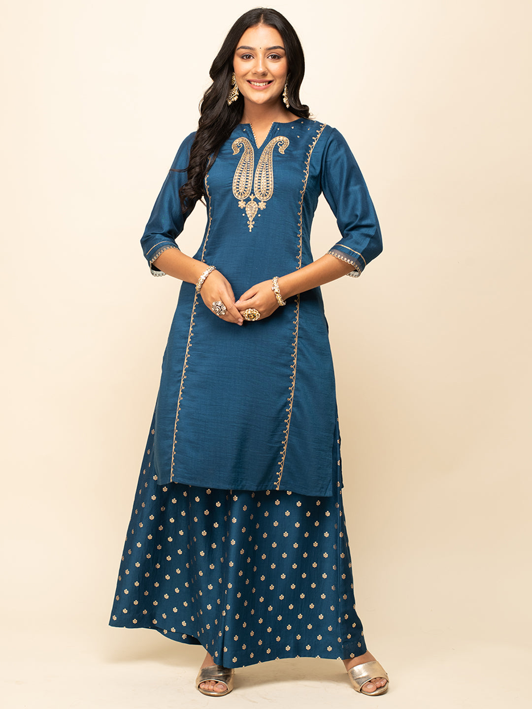 FIORRA Women's Teal Blue Silk Blend Straight Kurta With Palazzo And Dupatta