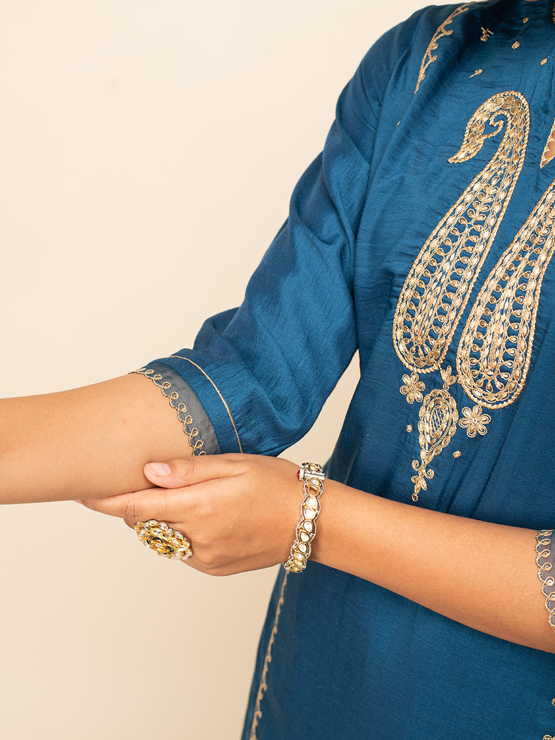 FIORRA Women's Teal Blue Silk Blend Straight Kurta With Palazzo And Dupatta